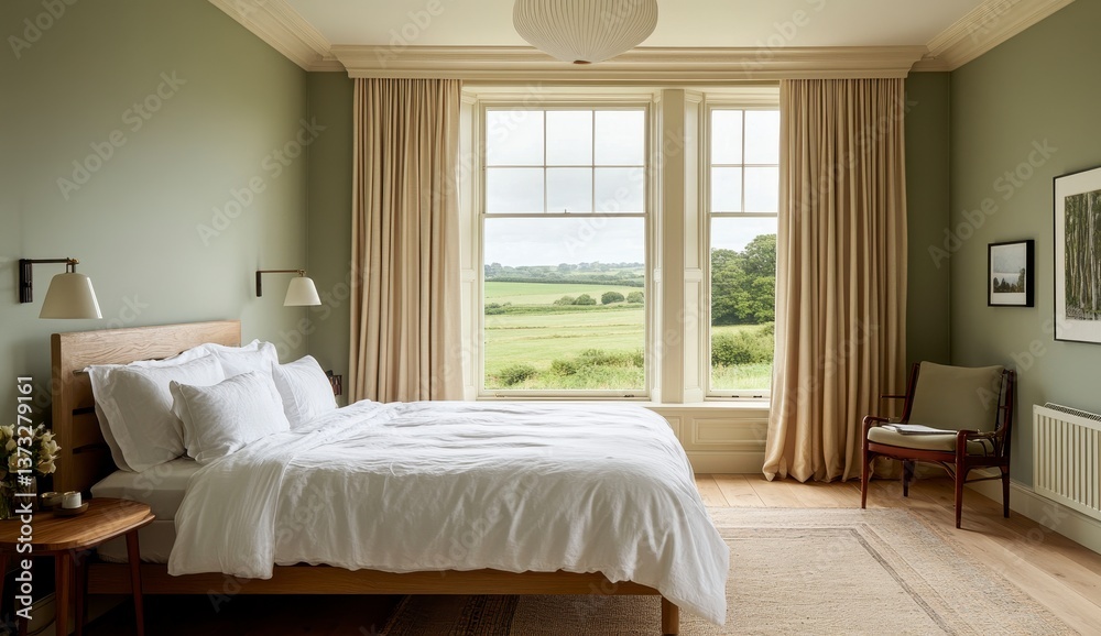 Obraz premium Bright Bedroom with Sage Green Walls and Scenic View