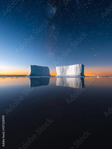 Icebergs, Night Sky, Calm Water