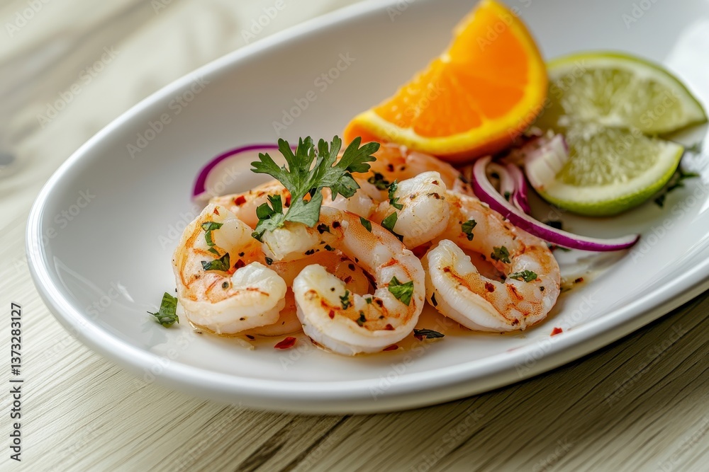Cooked Shrimp with Citrus and Herbs on White Plate Cooked Shrimp with Citrus and Herbs on White Plate