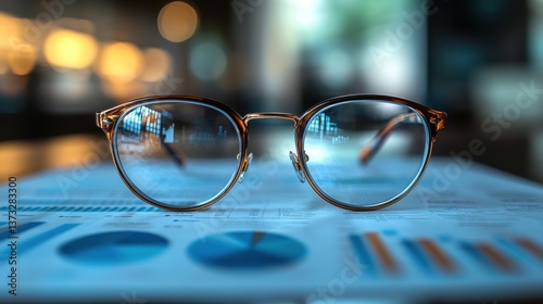 checking business reports graphs and charts documents and glasses on gray reflection background