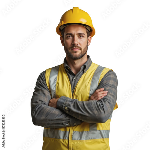 portrait of a construction worker, with arms crossed, wearing a yellow helmet and a yellow vest
