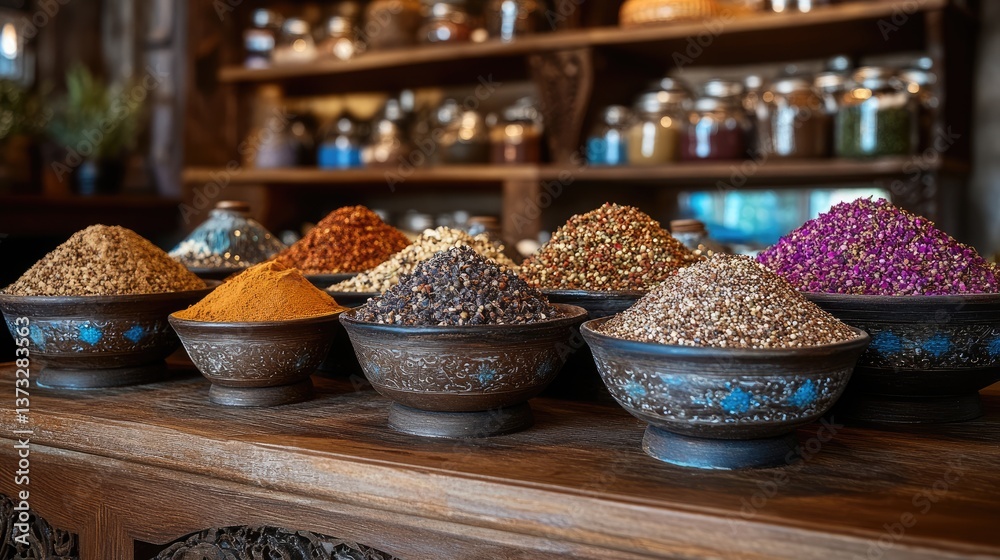 Fototapeta premium A wooden spice shelf holding traditional Middle Eastern cooking essentials.
