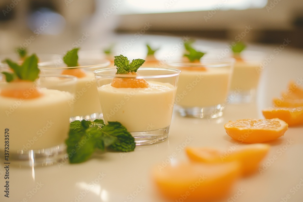 Fototapeta premium Creamy Panna Cotta with Orange and Mint Dessert