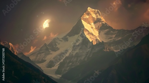 A massive glowing super moon rising behind a range of rocs  photo