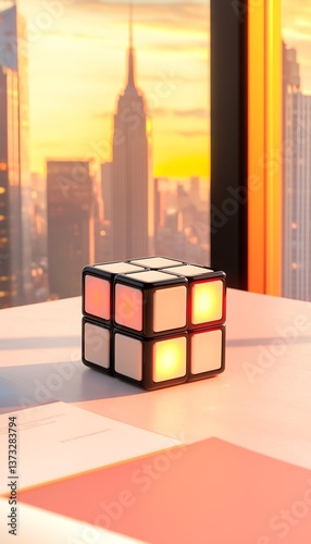 Illuminated Cube with Cityscape Sunset.