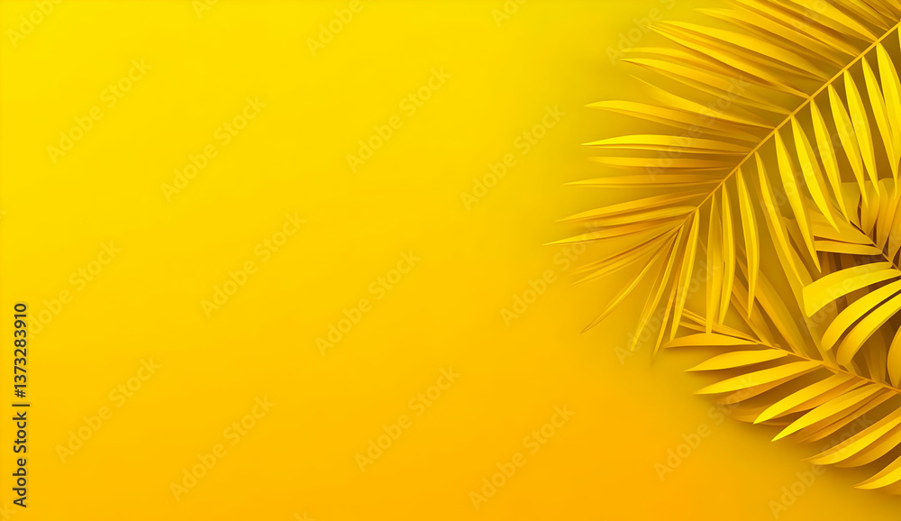 Fototapeta premium Vibrant yellow background with a tropical palm leaf, creating a warm and cheerful ambiance perfect for summer themes.