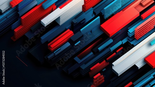 A vibrant abstract design featuring layered shapes in red, blue, and black, creating a dynamic, modern visual effect.