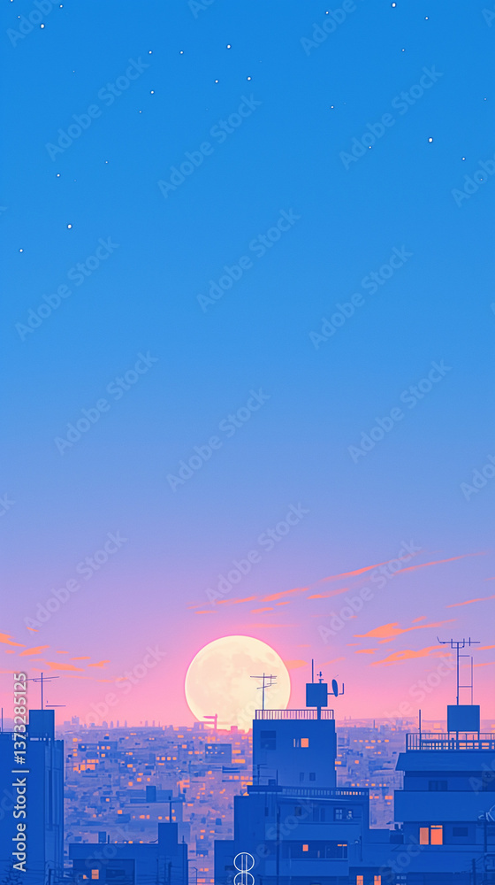 Fototapeta premium 都市の夜明けを描いたイラスト、満月と流星群が輝く青空、静かな都会の高層ビル、電車が行き交う美しいシティスケープ、レトロポップで幻想的な雰囲気のある背景素材、近未来やSF的なコンセプトに使えるデジタルアート作品。スマートフォン9:16のアスペクト比