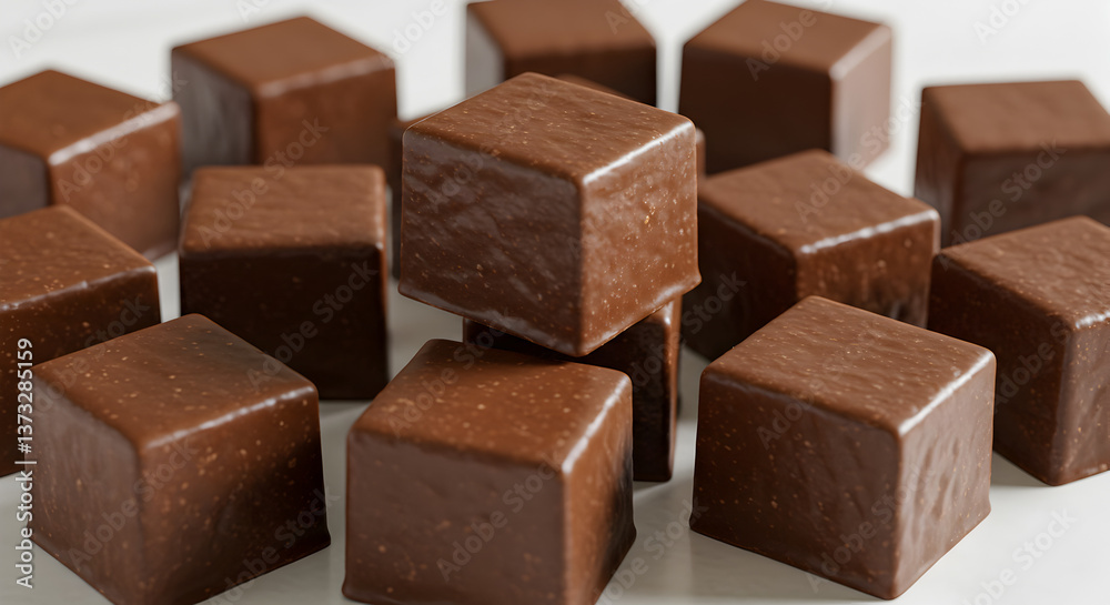 A delectable display of chocolate cubes arranged on a pristine white surface creating a sweet temptation A delectable display of chocolate cubes arranged on a pristine white surface creating a sweet temptation