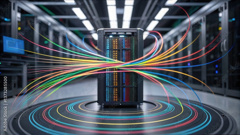 Fototapeta premium Colorful Data Flow Around High-Tech Machine in Modern Server Room