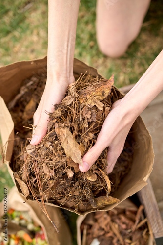 Hands gathering dried leaves for composting