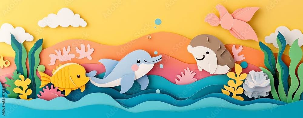 Naklejka premium Top view of colorful paper cut A vibrant underwater scene featuring playful marine animals made from colorful paper craft, capturing the beauty of ocean life.