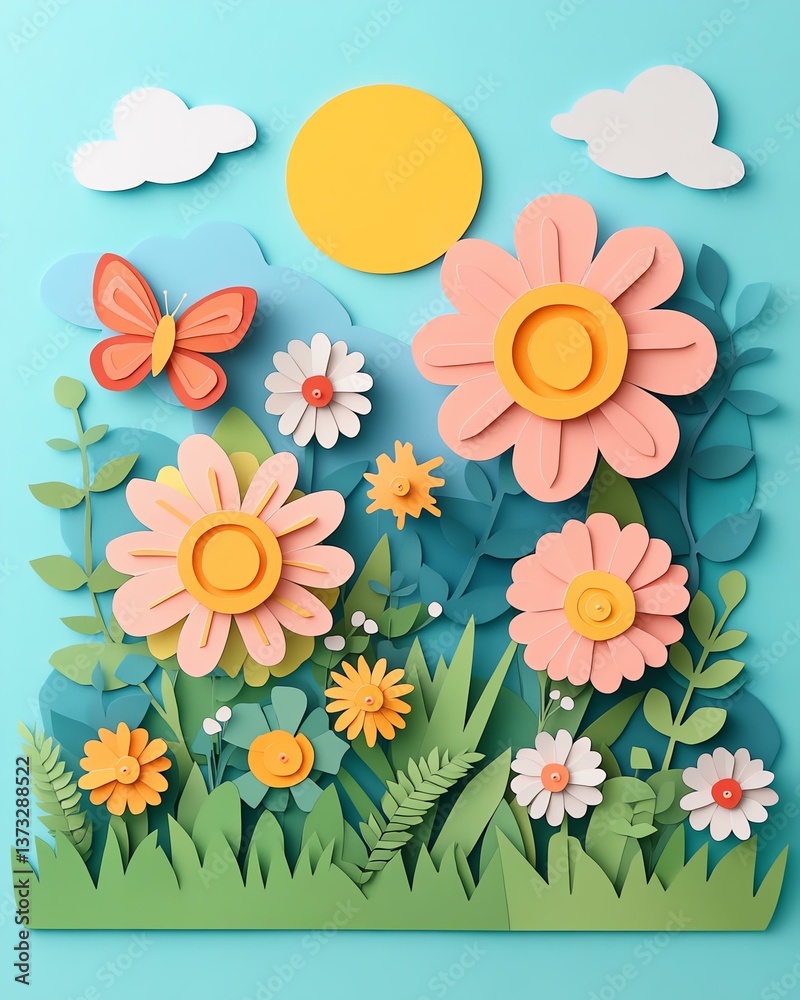Fototapeta premium Top view of colorful paper cut Vibrant paper flowers and green foliage create a cheerful spring garden scene with butterflies and a sun on a blue background.