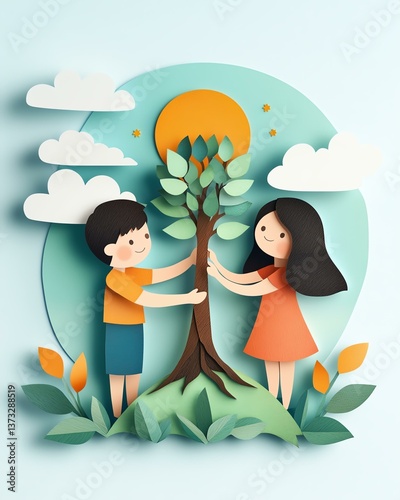 Top view of colorful paper cut Two kids joyfully nurturing a tree in a vibrant, colorful paper-cut style, symbolizing hope and care for nature.