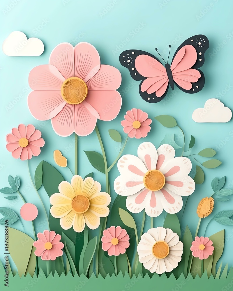 Fototapeta premium Top view of colorful paper cut A vibrant arrangement of colorful flowers and a butterfly, creating a lively and cheerful spring atmosphere.