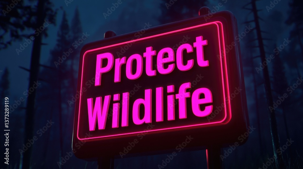 Obraz premium Neon Sign in Dark Forest Night Protect Wildlife Conservation Announcement