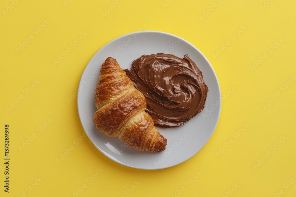 Fototapeta premium Golden Croissant and Chocolate Spread on Yellow Background