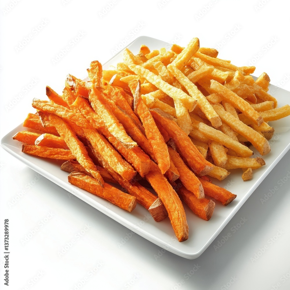Golden Sweet Potato and Regular Fries on White Plate Golden Sweet Potato and Regular Fries on White Plate