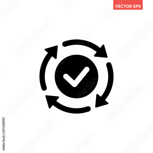 Black round checking process sync approved icon, simple turning arrows syncing flat design pictogram vector for app logo ads web webpage button ui ux interface elements isolated on white background