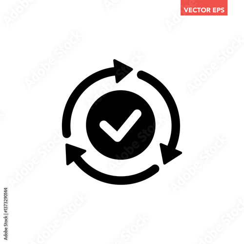 Black round checking process sync approved icon, simple turning arrows syncing flat design pictogram vector for app logo ads web webpage button ui ux interface elements isolated on white background