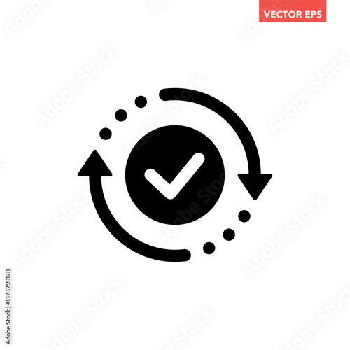 Black round checking process sync approved icon, simple turning arrows syncing flat design pictogram vector for app logo ads web webpage button ui ux interface elements isolated on white background