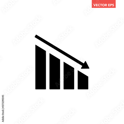 Black single financial graph with down arrow icon, simple business decline flat design pictogram vector for app ads web banner button ui ux interface elements isolated on white background