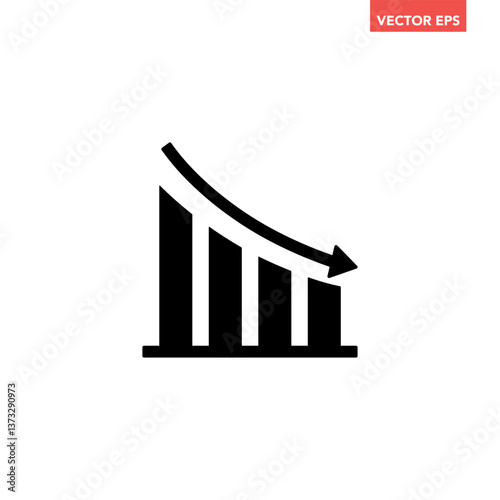 Black single financial graph with down arrow icon, simple business decline flat design pictogram vector for app ads web banner button ui ux interface elements isolated on white background