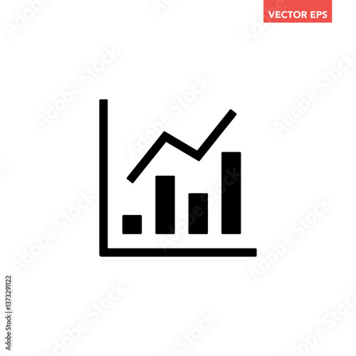 Black single arrow growing up chart graph bars filled icon, success graph trending upwards flat design interface infographic element for app ui ux web button, vector isolated on white background
