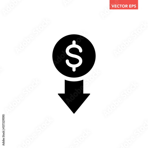 Single black dollar rate decrease icon, simple currency down arrow flat design infographic pictogram vector for app logo ads web button ui ux interface elements isolated on white background