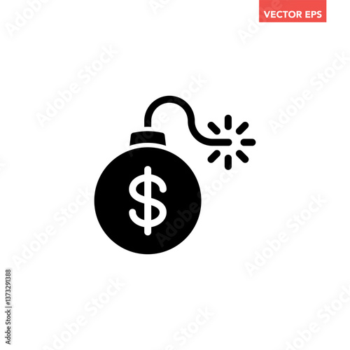 Black single exploding money bomb icon, simple economic recession flat design pictogram vector for app logo ads web webpage button ui ux interface elements isolated on white background