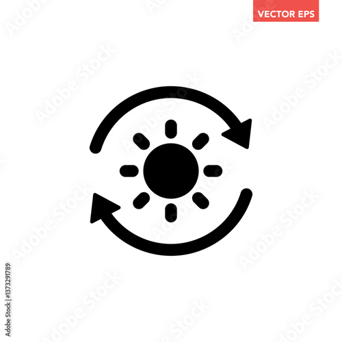 Black single round sustainable sun energy icon, simple solar energy conversion flat design infographic pictogram vector for app logo ads web button ui interface elements isolated on white background