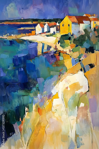 Vibrant Coastal Village Painting with Yellow Houses and Blue Sea
