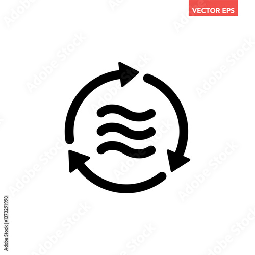 Black single air circulation balance line icon, sustainable wave flow emission flat design infographic pictogram vector for app logo ads web button ui ux interface elements isolated on white backgroun