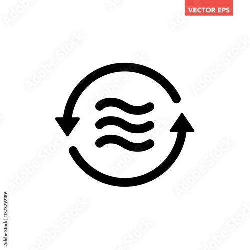 Black single air circulation balance line icon, sustainable wave flow emission flat design infographic pictogram vector for app logo ads web button ui interface elements isolated on white background