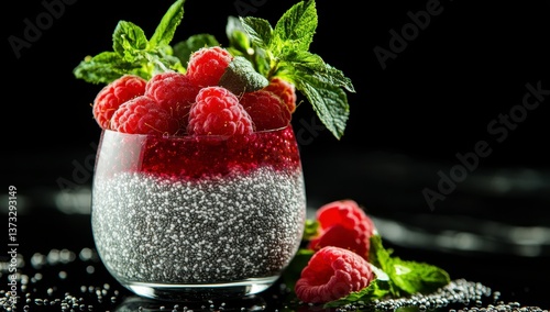 Layered Raspberry Chia Seed Pudding Parfait with Mint