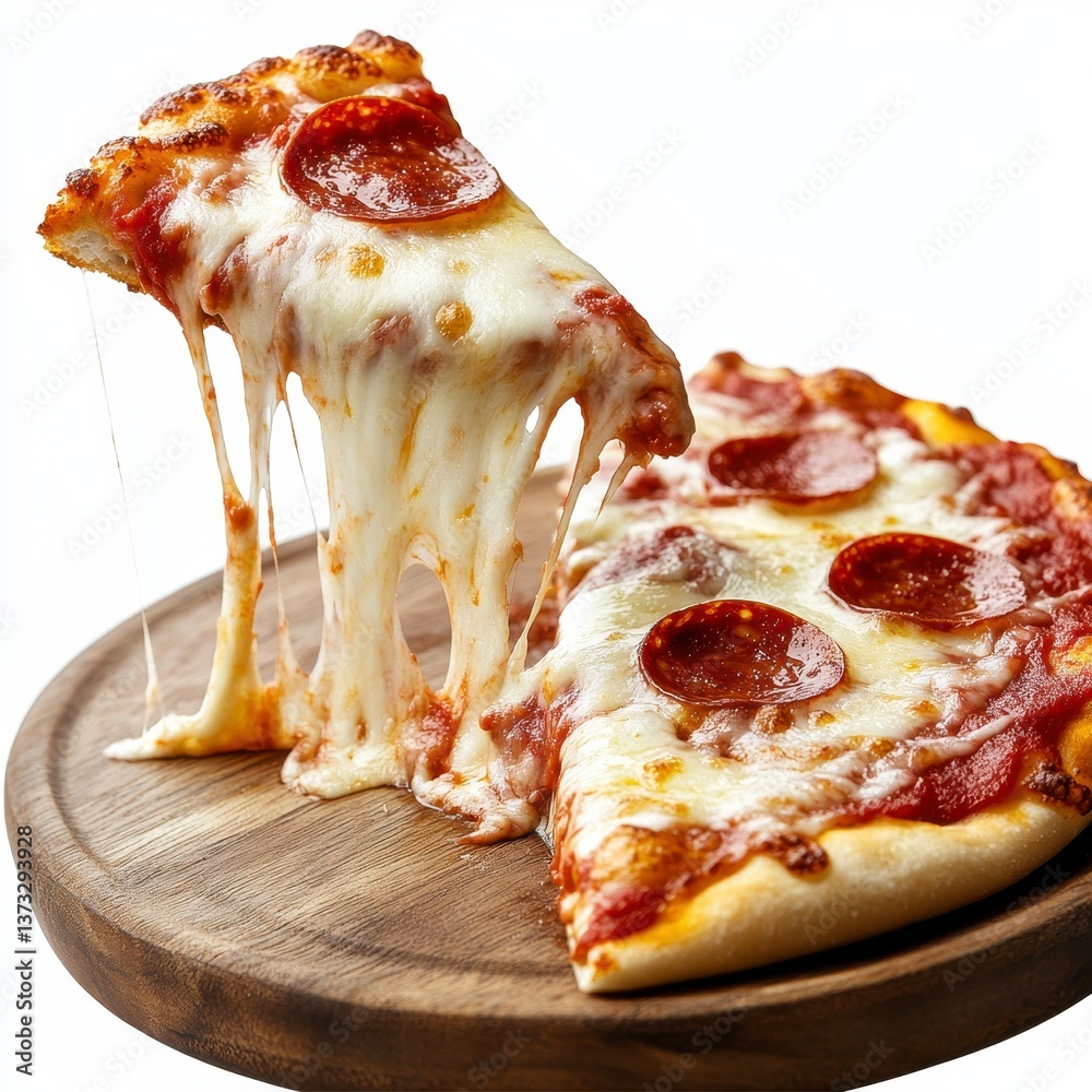 Melted Cheese Pulling from Pepperoni Pizza Slice on Wooden Board