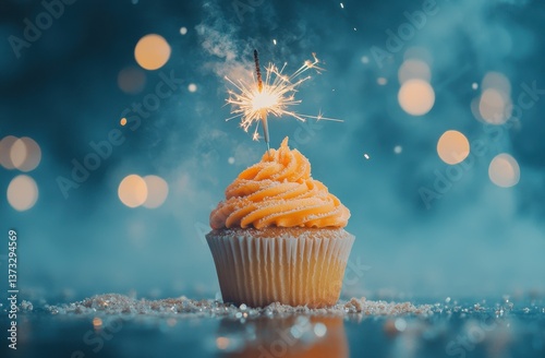 Obraz na płótnie Orange Frosted Cupcake with Burning Sparkler on Dark Background w salonie