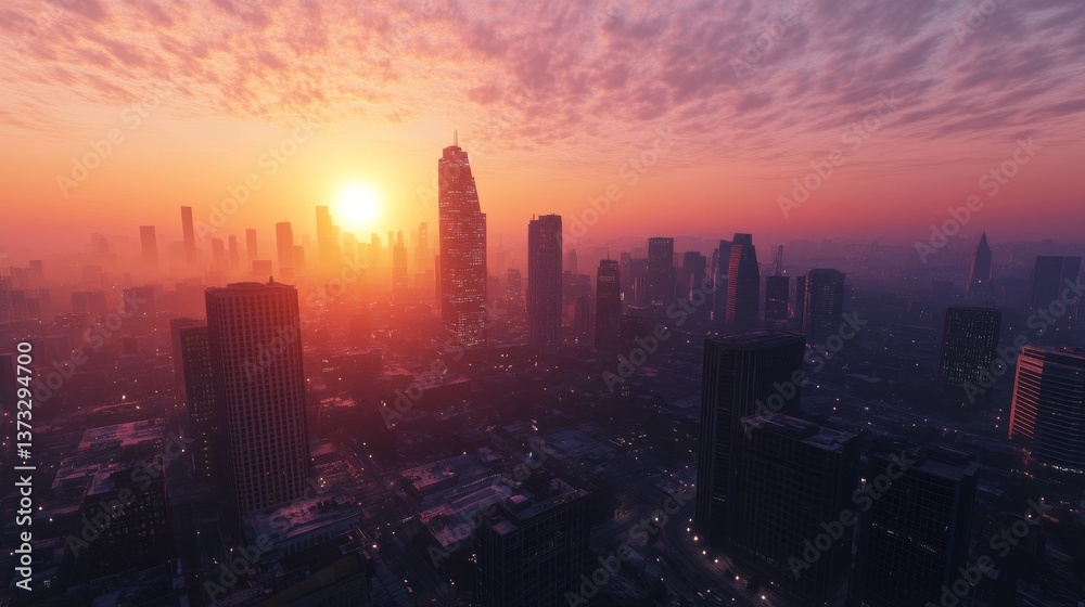 Fototapeta premium view on a huge city at dawn from a higher position from far away