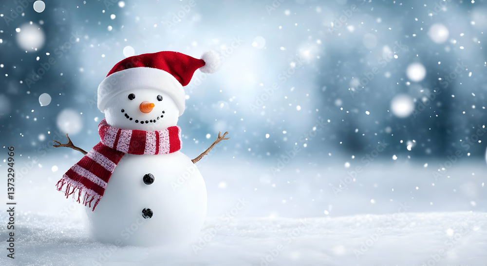 A cheerful snowman wearing a red hat and scarf stands in a snowy landscape, surrounded by falling snowflakes, evoking holiday joy. A cheerful snowman wearing a red hat and scarf stands in a snowy landscape, surrounded by falling snowflakes, evoking holiday joy.
