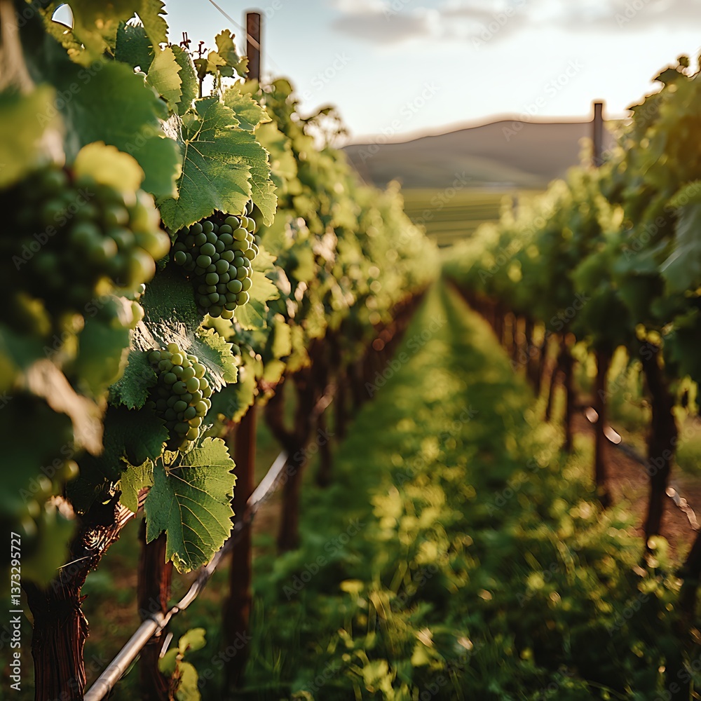 Fototapeta premium Rows of grape vines on a sunny vineyard hillside landscape