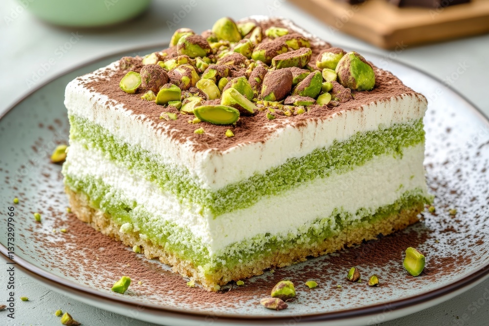 Pistachio Tiramisu Dessert on Gray Plate Close Up