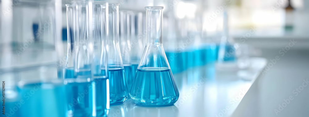 A collection of laboratory glassware filled with vibrant blue liquid, symbolizing chemical research and experimentation. A collection of laboratory glassware filled with vibrant blue liquid, symbolizing chemical research and experimentation.