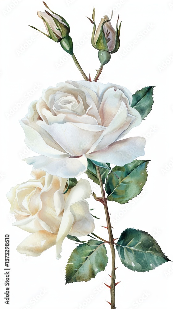 Obraz premium Watercolor White Rose Isolated on White Background. Beautiful Rose Flower