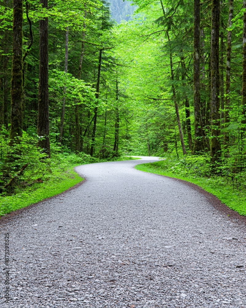 Fototapeta premium Serene road winding through dense woods inviting exploration and adventure in nature's embrace