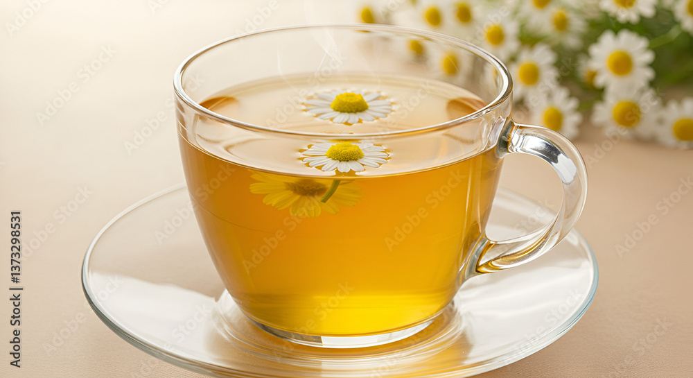 A steaming cup of golden chamomile tea with two delicate chamomile flowers floating on the surface, creating a serene and calming ambiance. A steaming cup of golden chamomile tea with two delicate chamomile flowers floating on the surface, creating a serene and calming ambiance.