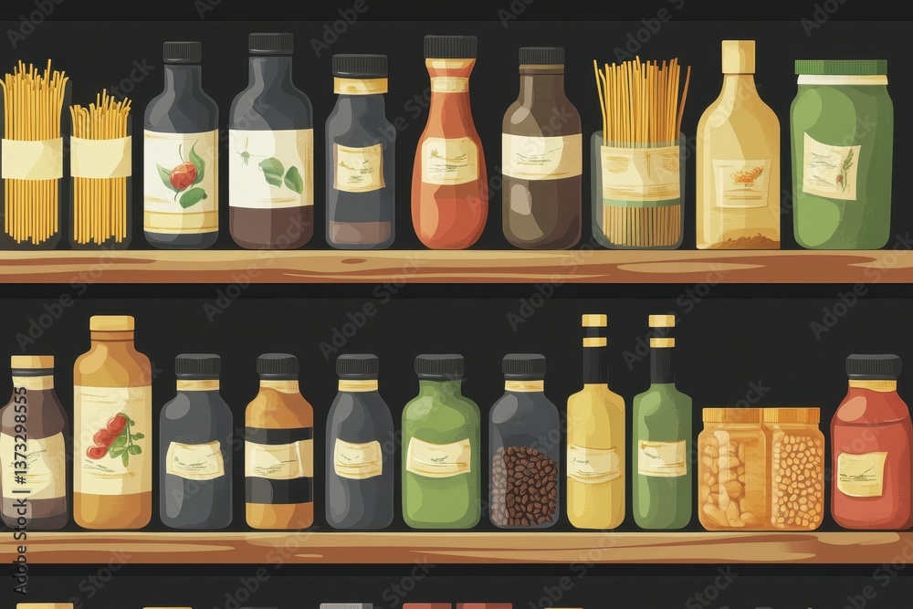 Pixel Art of Two Shelves Filled with Various Food Items