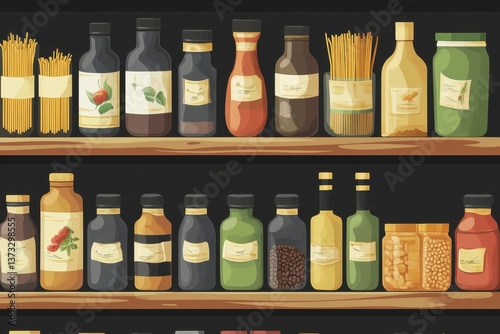 Obraz na płótnie Pixel Art of Two Shelves Filled with Various Food Items w salonie