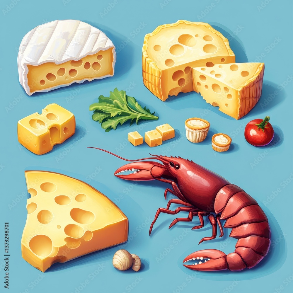 Pixel Art Still Life Assorted Cheeses and Lobster on Blue