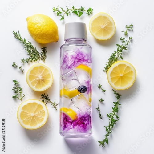 Obraz na płótnie Purple Infused Water with Lemon and Ice in Clear Bottle w salonie