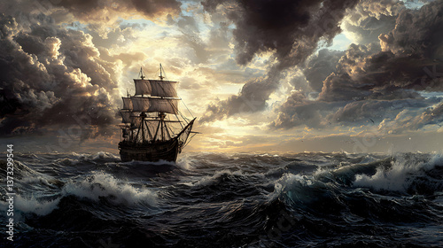 Vintage Sailing Ship Braving a Stormy Sea at Sunset